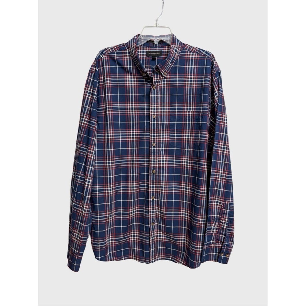 Banana Republic Untucked Fit Plaid Button-Down Shirt XXL Navy Red White Preppy